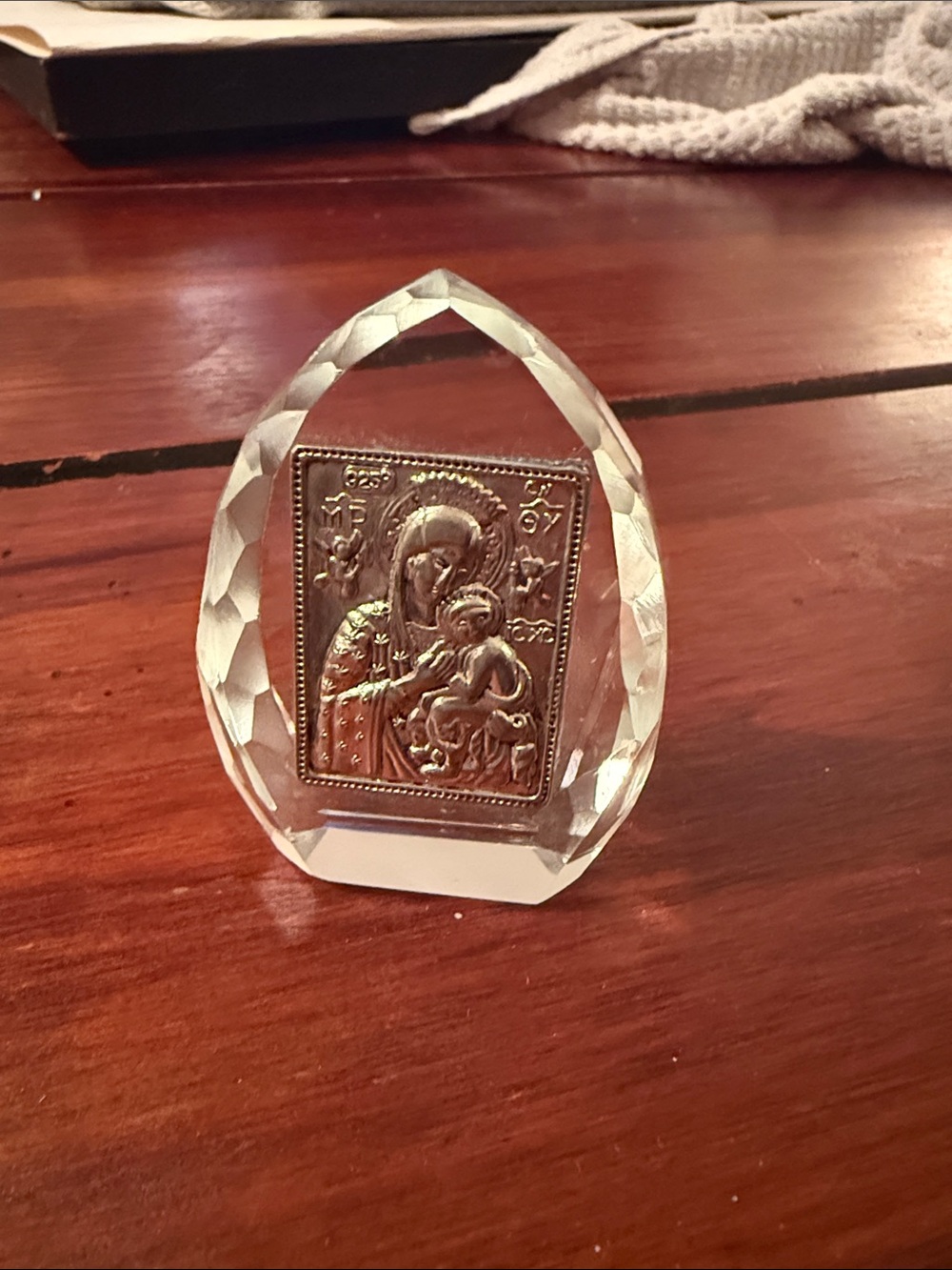 Clear Faceted Religious Icon with Madonna and Child
